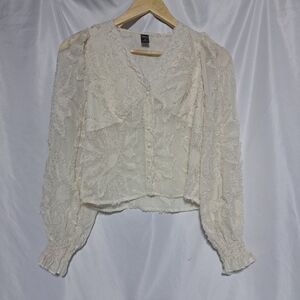 Dazy Womens Small Floral Lace Long‎ Sleeve Button Down Blouse Ivory